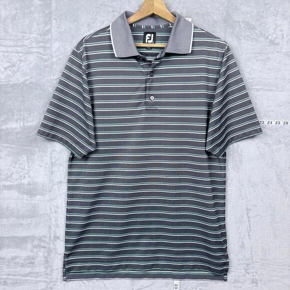 FJ FootJoy Striped Golf Polo Shirt Men Size M Gray Green Performance Polyester - Picture 1 of 9